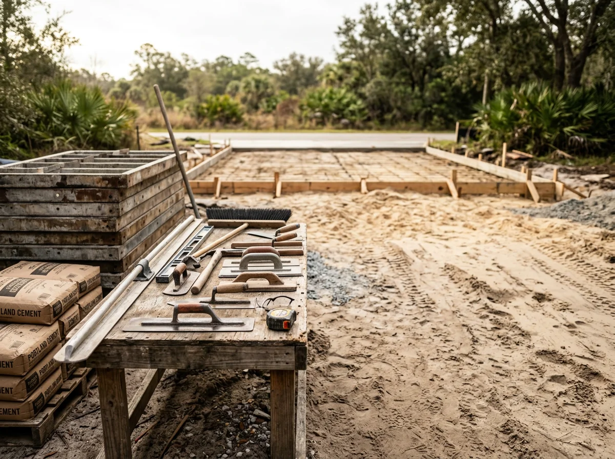 Concrete work tools and equipment staged on a job site, ready for driveway installation.