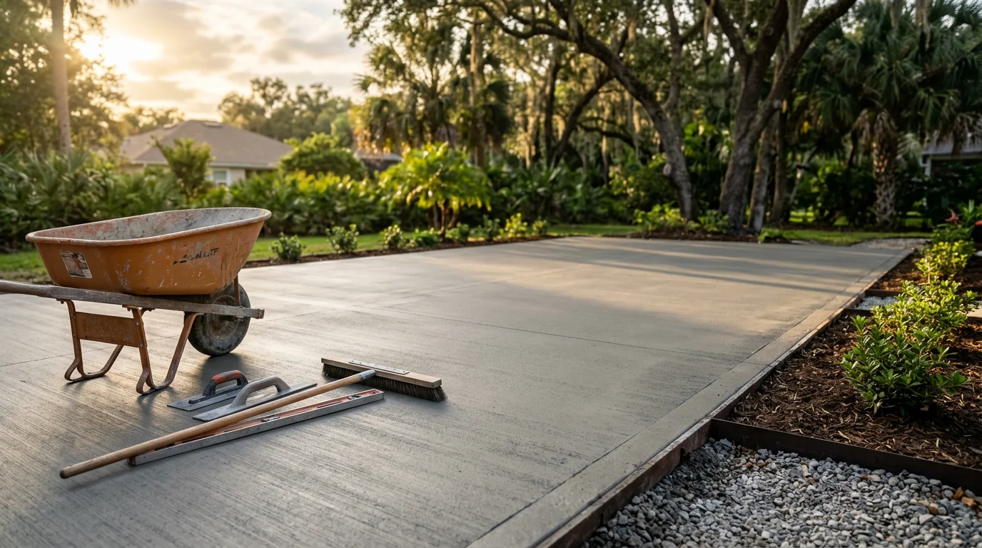 Completed concrete patio installation in Mandarin, Florida