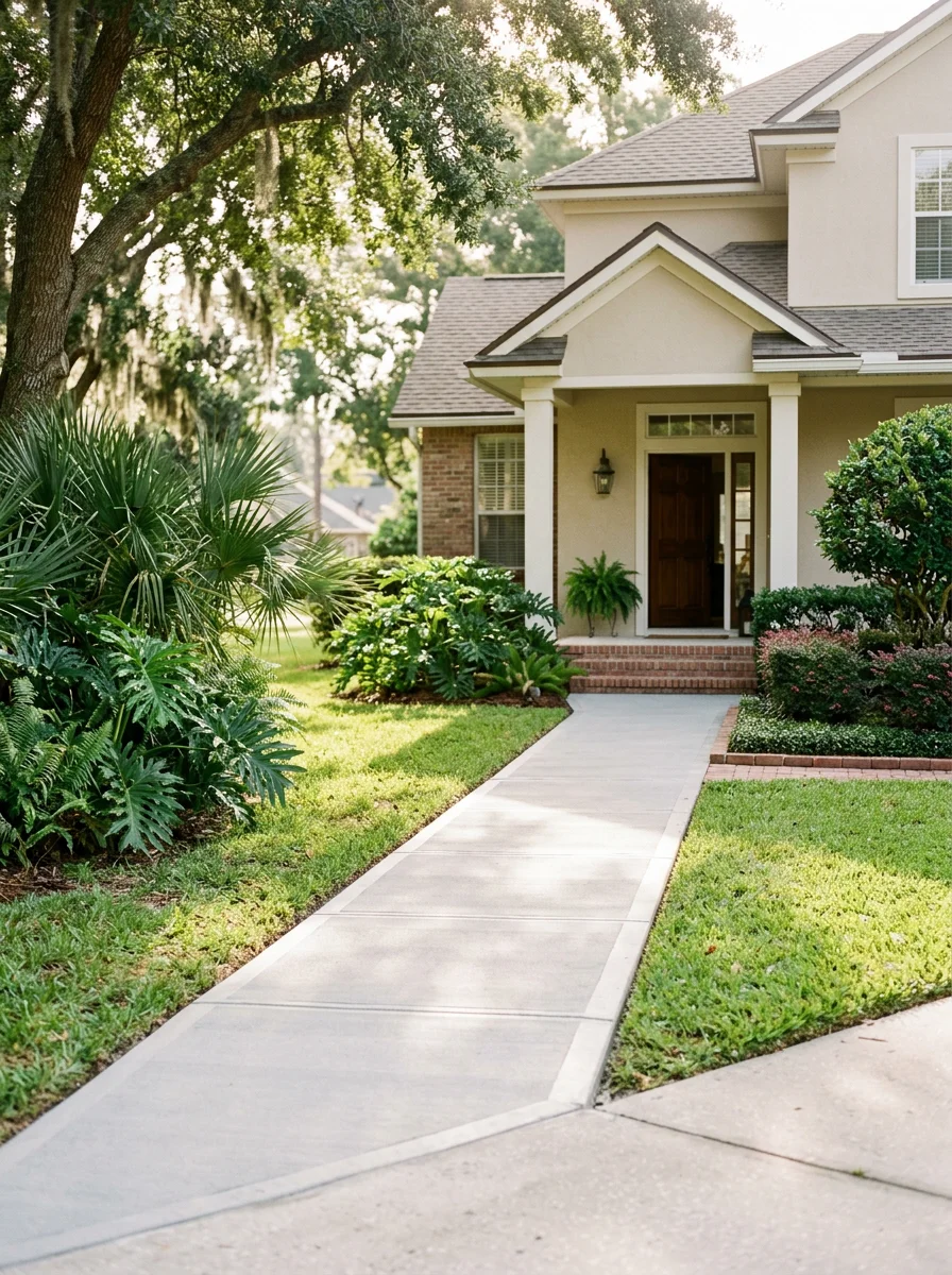 Repaired concrete walkway leading to the front entry of a residential home in the Deerwood area of Baymeadows, Jacksonville, FL.