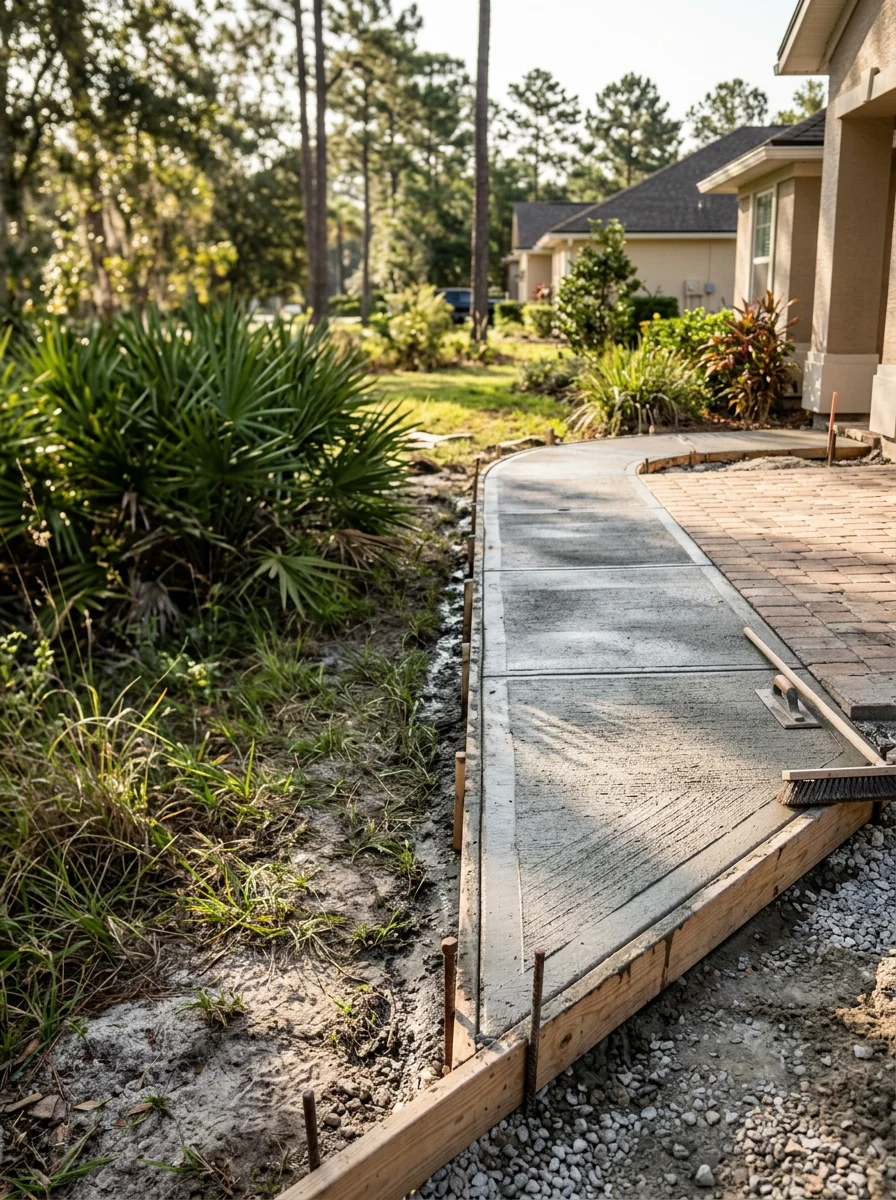 Concrete walkway installation in progress at a residential property in Julington Creek Plantation, Fruit Cove, FL.