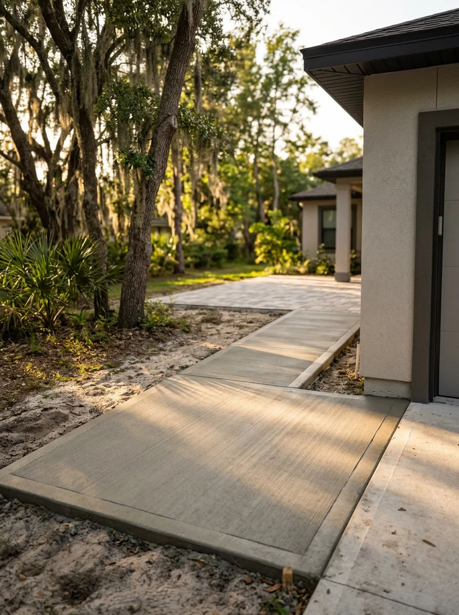 Close-up of a new concrete walkway connecting a garage to a back patio on a large residential lot in Mandarin, FL.