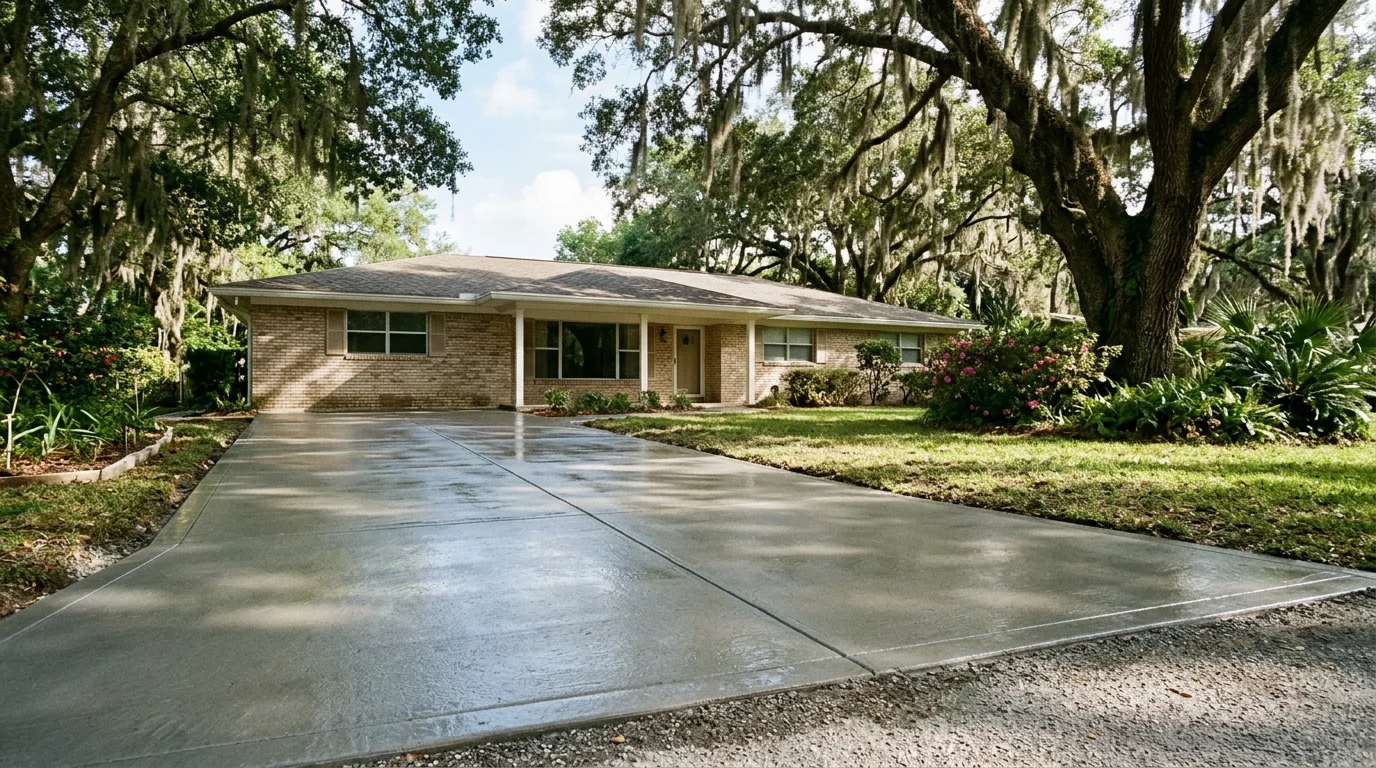 Freshly poured concrete driveway in front of a 1980s ranch-style home in Mandarin, Jacksonville, FL, with mature oak trees lining the property.