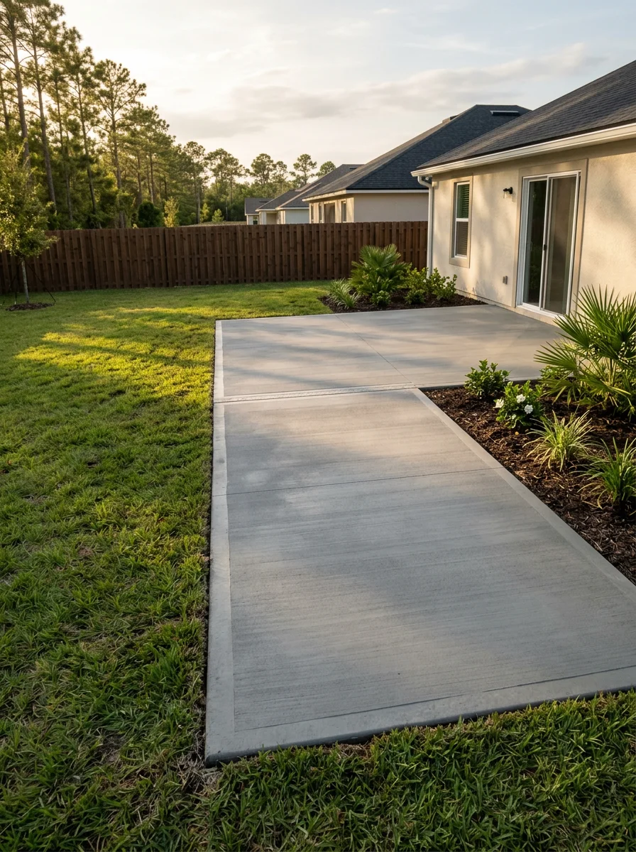 New concrete patio slab poured in the backyard of a newer subdivision home in Eagle Landing, Orange Park, FL, with flat graded yard.