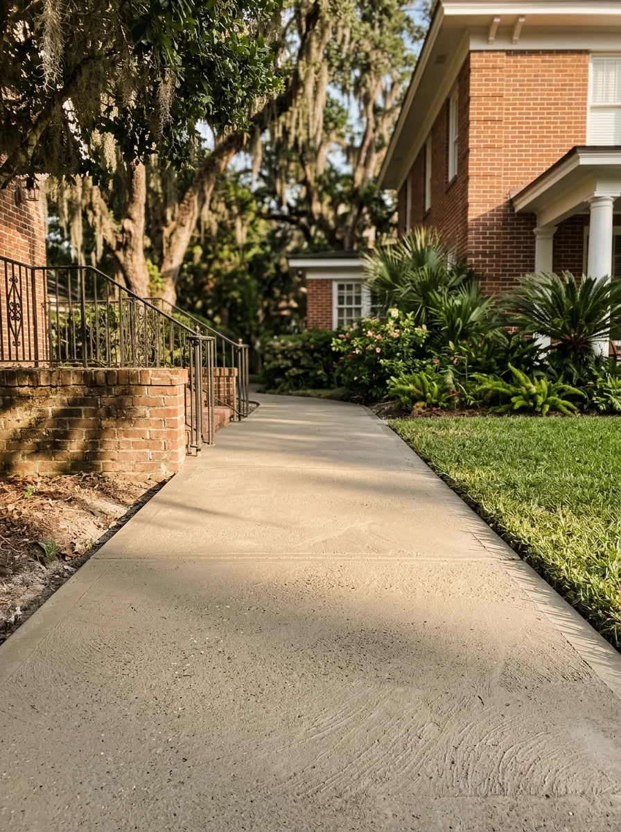 New concrete walkway installed at the front entry of a historic San Marco home in Jacksonville, FL, with brick facade and mature landscaping.