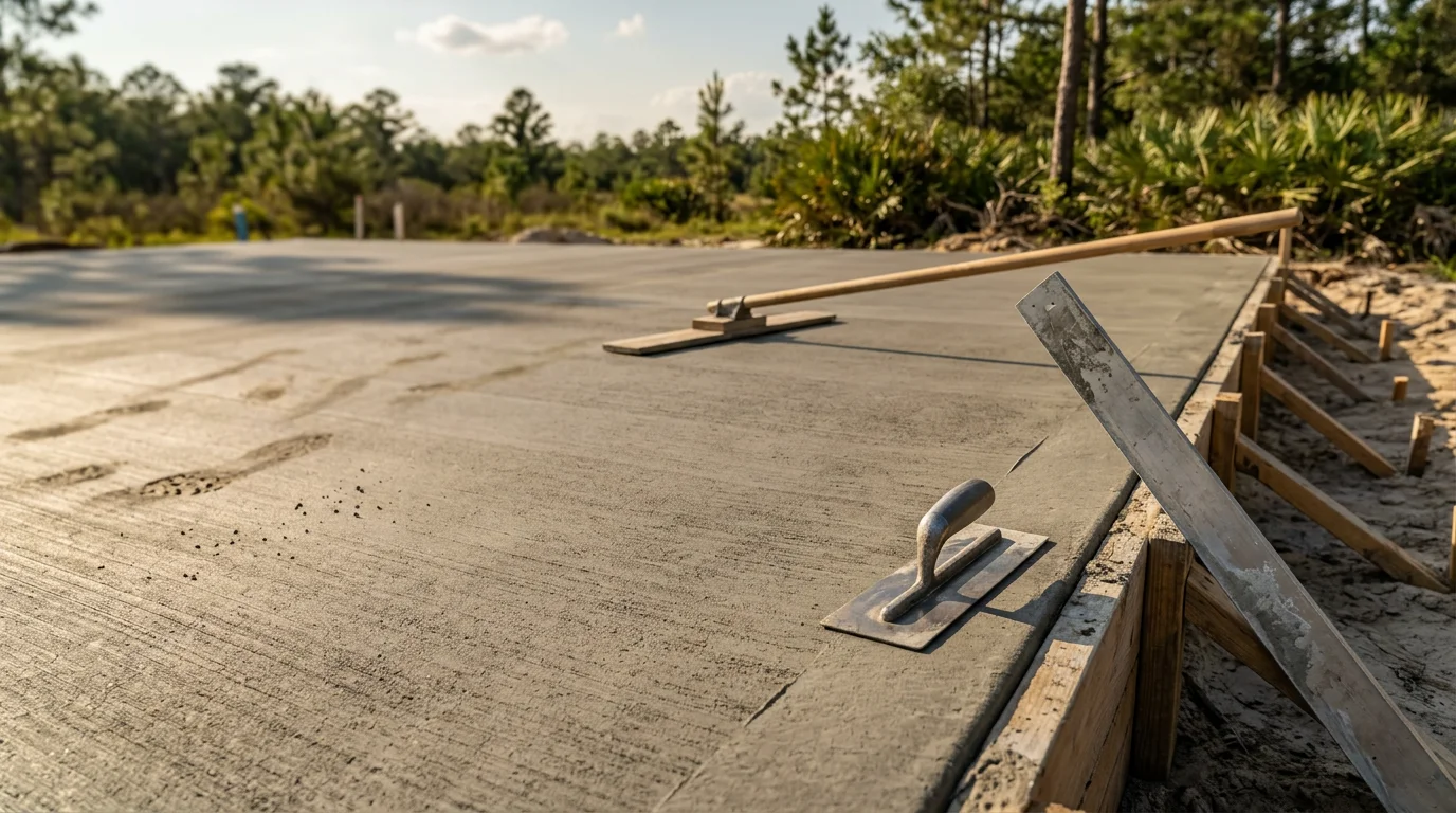 A freshly broom-finished concrete patio slab at a residential home in Mandarin, FL, showing clean edges and a uniform surface texture. The slab is set in a backyard with a wood fence line visible in the background.