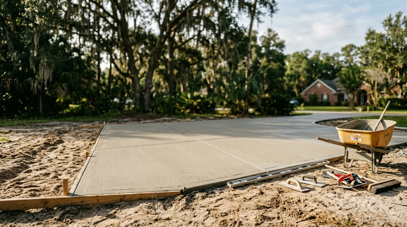 Freshly poured and finished concrete patio slab behind a residential home in Mandarin, FL, with a smooth broom finish and clean formed edges. The surrounding yard shows mature oak trees typical of the Mandarin area.