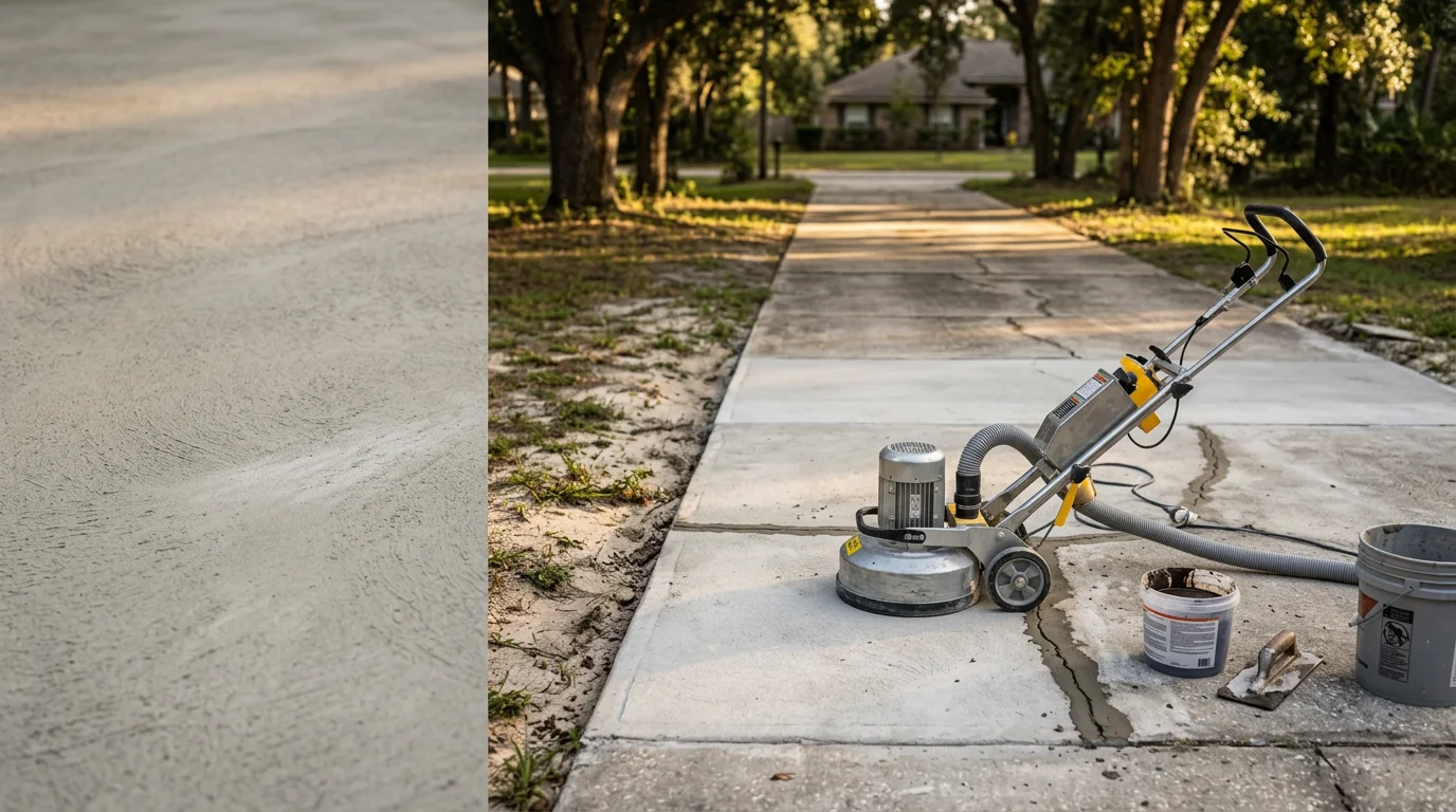 Repaired residential concrete driveway in Mandarin, FL showing a smooth, crack-free surface after patch repair work. Close-up view of the finished repair area blending with the surrounding slab on a single-family home.