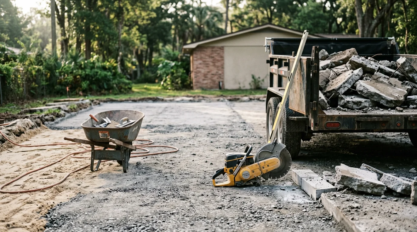 A freshly poured residential concrete slab in Mandarin, FL, showing a smooth, level surface after full replacement of a cracked and settled driveway. The surrounding lawn and home exterior are visible in the background.