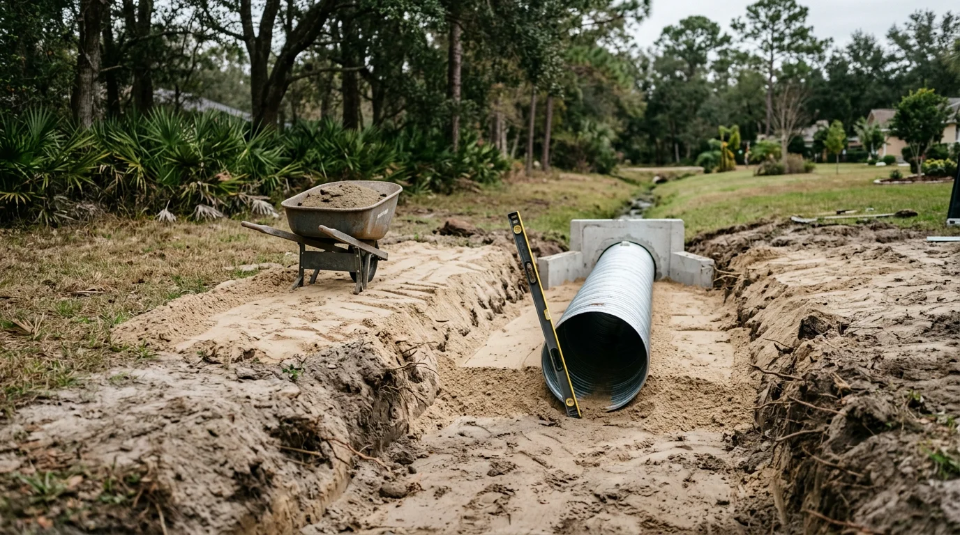 A freshly installed residential driveway culvert with a concrete headwall in Mandarin, FL, showing a clean pipe opening at the edge of a roadside swale. The surrounding soil is compacted and graded to direct stormwater away from the driveway surface.