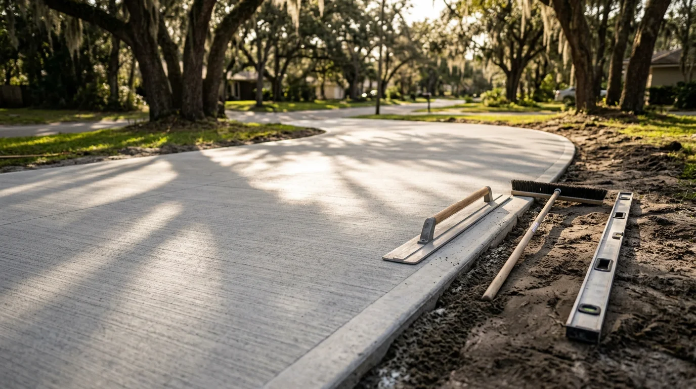 Freshly poured concrete driveway in front of a single-family home in Mandarin, FL, with a smooth finished surface and clean edges. The driveway leads from the street to a residential garage under a canopy of mature oak trees.