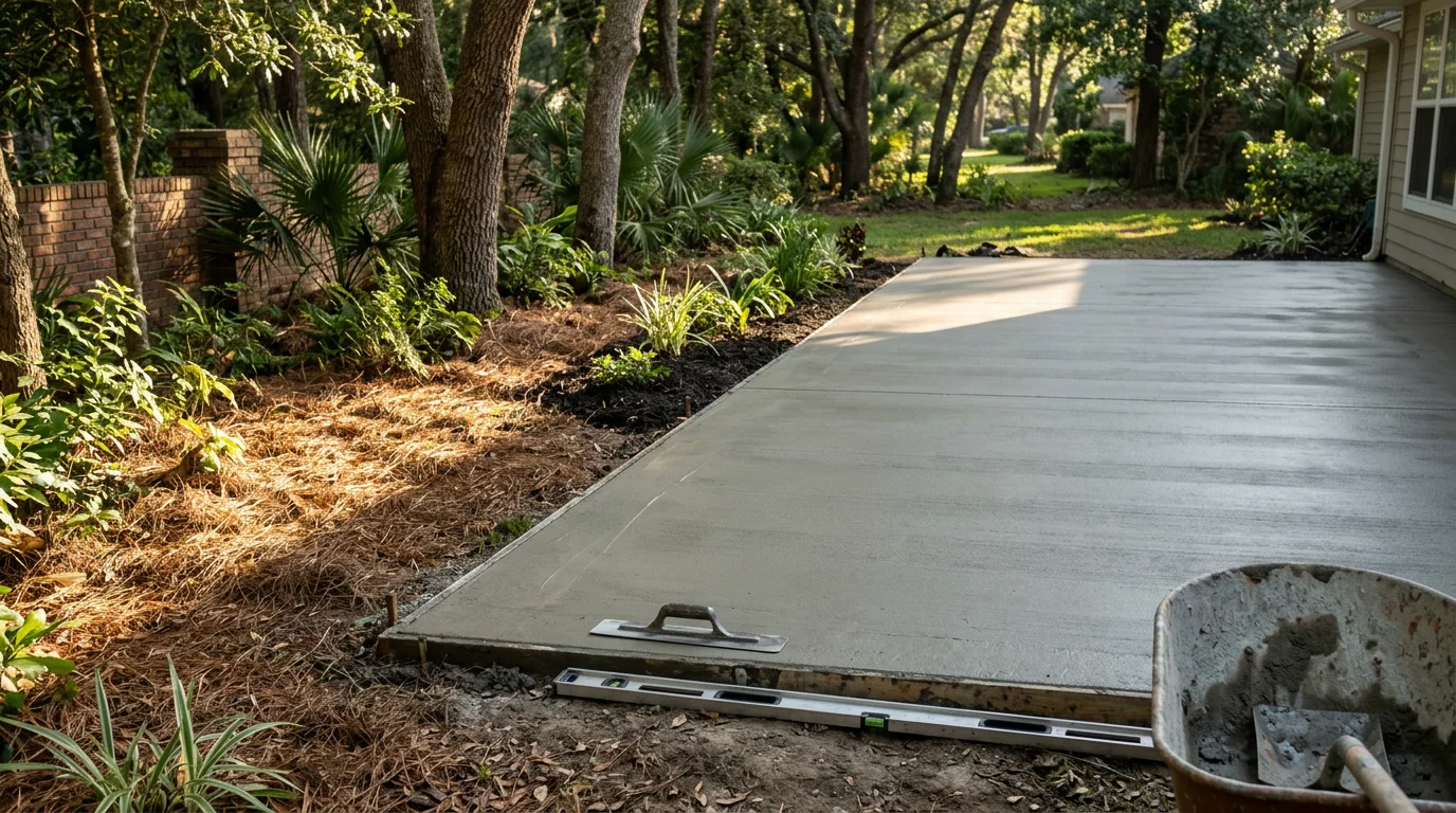 A freshly poured concrete patio behind a residential home in Mandarin, FL, with clean edges and a smooth finish. The patio extends across a backyard with mature trees and green grass visible at the perimeter.