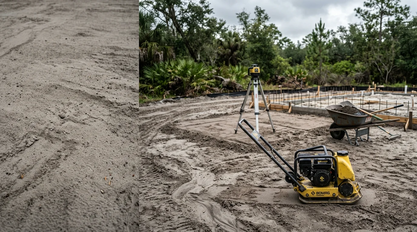 A residential lot in Mandarin, FL with freshly graded and compacted soil ready for concrete work. The ground is level and cleared, showing a prepared base along a typical single-family home property.