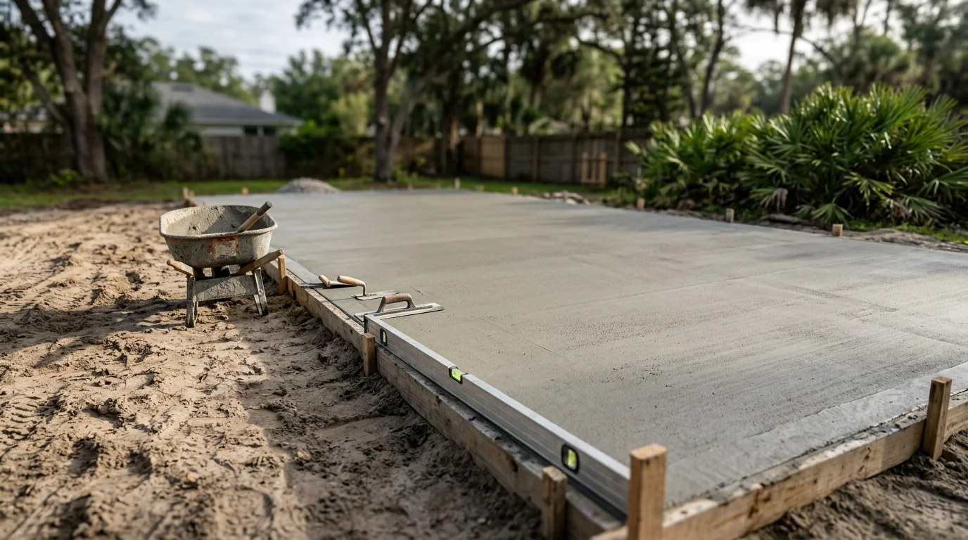 A freshly poured and finished concrete slab at a residential property in Mandarin, FL, with clean edges and a smooth surface ready for a garage or outbuilding. The surrounding yard shows compacted soil and graded ground preparation typical of slab work in the area.