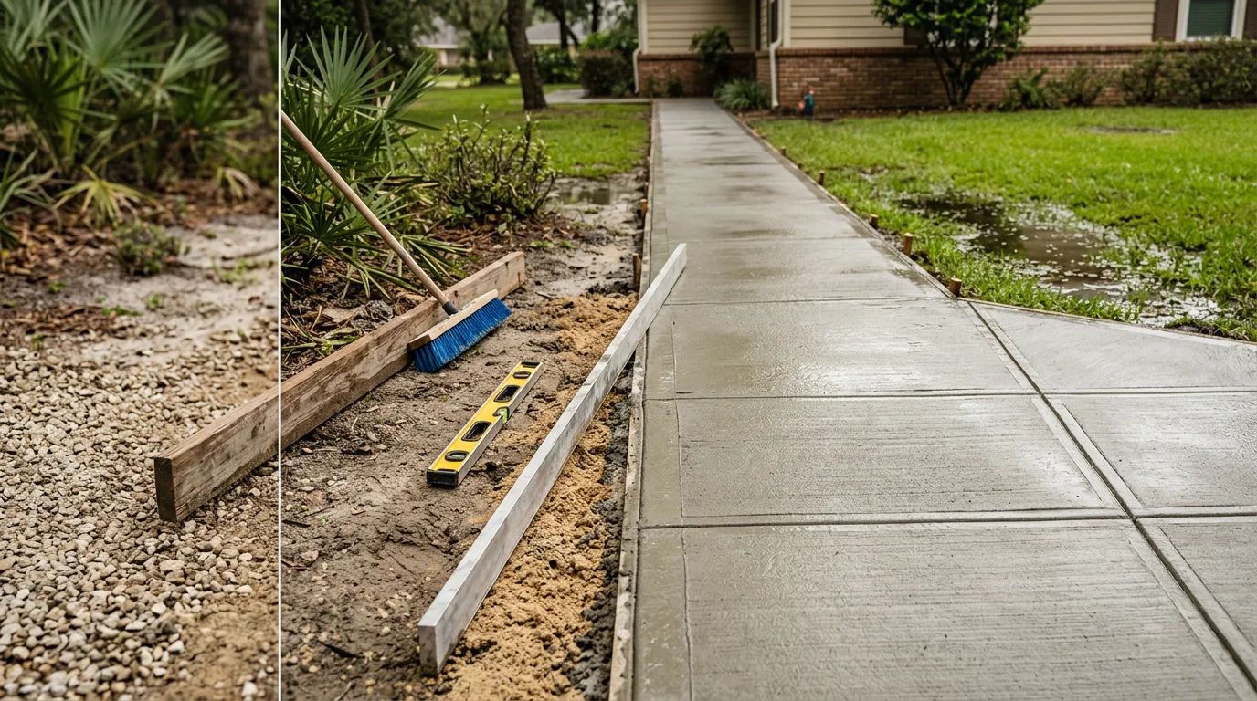 Freshly poured concrete walkway with a broom-finish texture leading from a residential front door to a driveway in Mandarin, FL. The path features clean formed edges and visible control joints on a sunny North Florida afternoon.